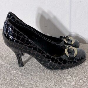 Bravo Browns Brown Lara Croc Embossed Patent Leather Heels W Brass Buckles 7.5